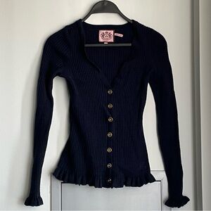JUICY COUTURE Navy Ribbed Button-Up Cardigan with Ruffles